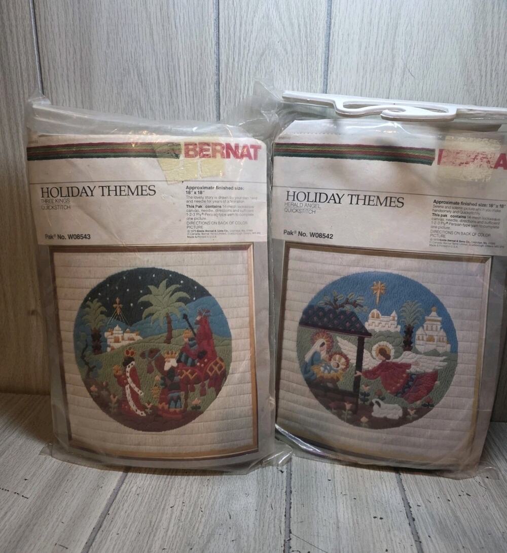 Vtg 1979 BERNAT Holiday Quick Cross-Stitch Kit New Herald Angel, Three Kings Lot